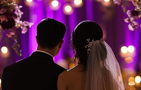 A breathtaking wedding setup with purple and burgundy accents, luxurious floral arrangements, candlelit decor, and an elegantly dressed couple celebrating their love.