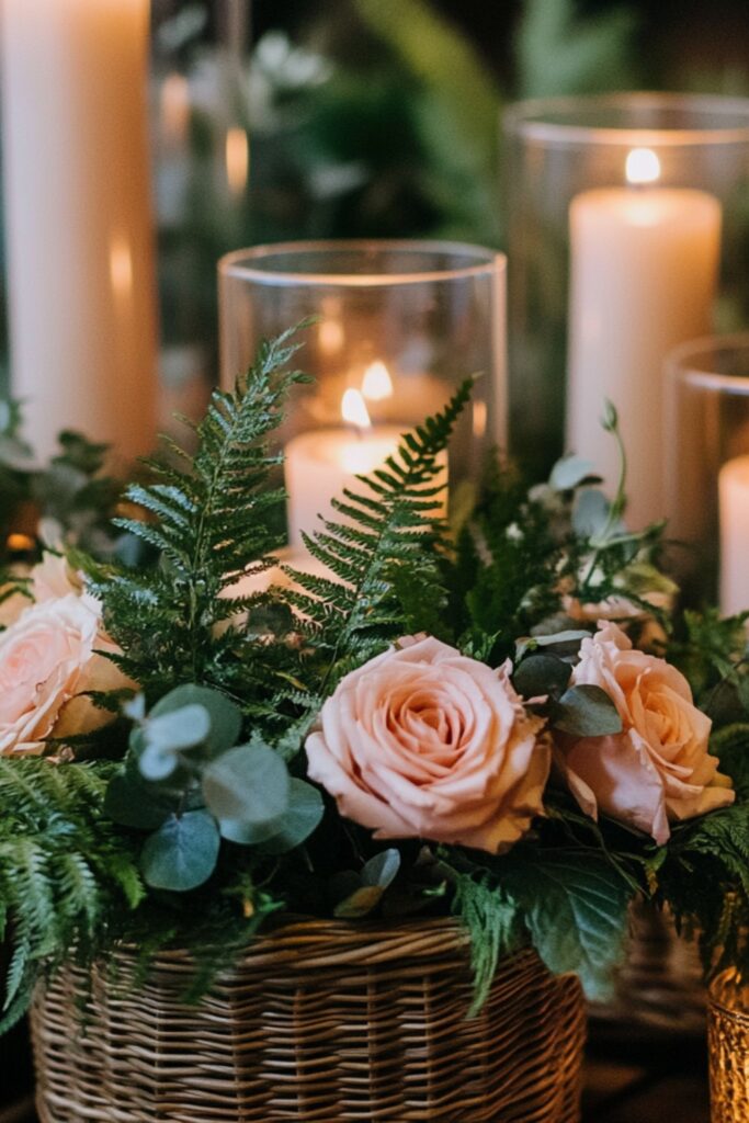 Small rattan baskets filled with cascading ferns, eucalyptus, and blush-toned blooms, surrounded by glass hurricane candles for a cozy, boho wedding vibe.