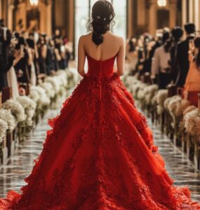 Full-length view of a bride walking down the aisle in a red wedding dress, symbolizing bold beauty and unforgettable style.