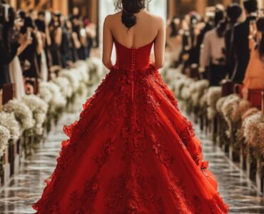 Full-length view of a bride walking down the aisle in a red wedding dress, symbolizing bold beauty and unforgettable style.