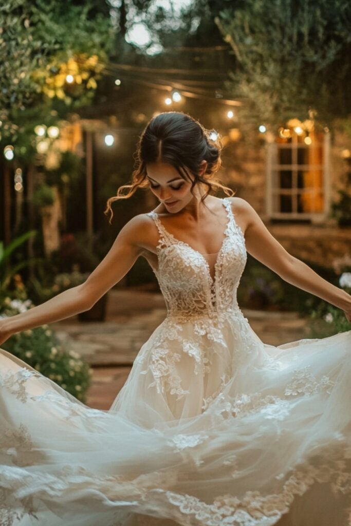 A bride in an A-line wedding gown with a sweetheart neckline and lace detailing, spinning gracefully in a garden reception with soft lighting and floral arrangements.