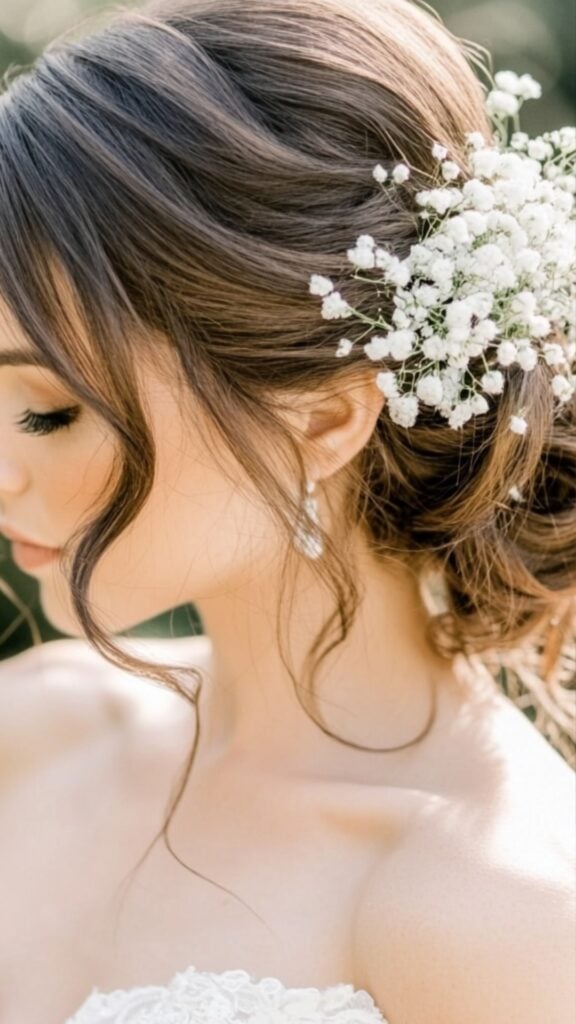 Close-up of a bride’s hair styled in a low bun adorned with fresh flowers like baby’s breath. Soft curls frame her face, perfectly complementing her strapless wedding gown.
