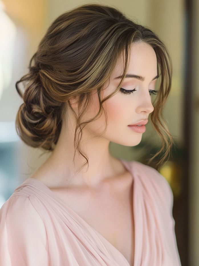 Bridesmaid with romantic soft curls styled into an elegant updo, framed by loose, soft curls for a feminine, relaxed look.