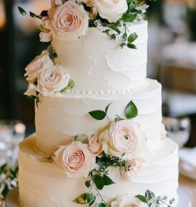 A three-tier wedding cake with soft white buttercream, adorned with blush roses and delicate greenery on a romantic wedding table.