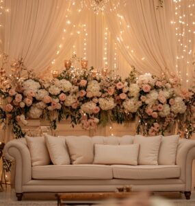 A beautifully decorated wedding scene with warm lights, elegant floral details, and cozy lounge spaces, symbolizing the beauty, joy, and togetherness of a romantic wedding.