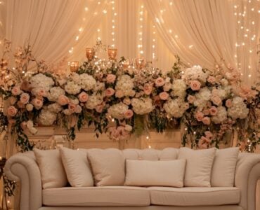 A beautifully decorated wedding scene with warm lights, elegant floral details, and cozy lounge spaces, symbolizing the beauty, joy, and togetherness of a romantic wedding.