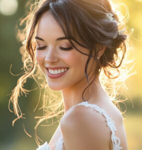 A glowing bride in her wedding attire walking away from the ceremony with her hair styled in soft curls or an elegant updo. Her expression is joyful, representing the beauty and confidence that comes from finding the perfect hairstyle for a special day.