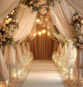 A beautifully decorated wedding aisle with soft floral arrangements, white drapery, and romantic candlelit lanterns, symbolizing the beginning of a love story.