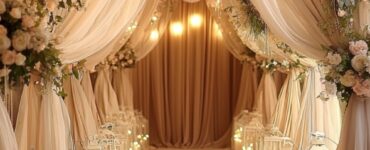 A beautifully decorated wedding aisle with soft floral arrangements, white drapery, and romantic candlelit lanterns, symbolizing the beginning of a love story.