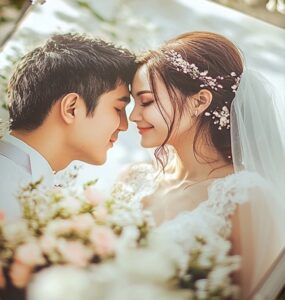 A photo album open to a romantic wedding picture, with soft floral decorations around it, representing the lasting memories and cherished moments captured from the couple’s special day.