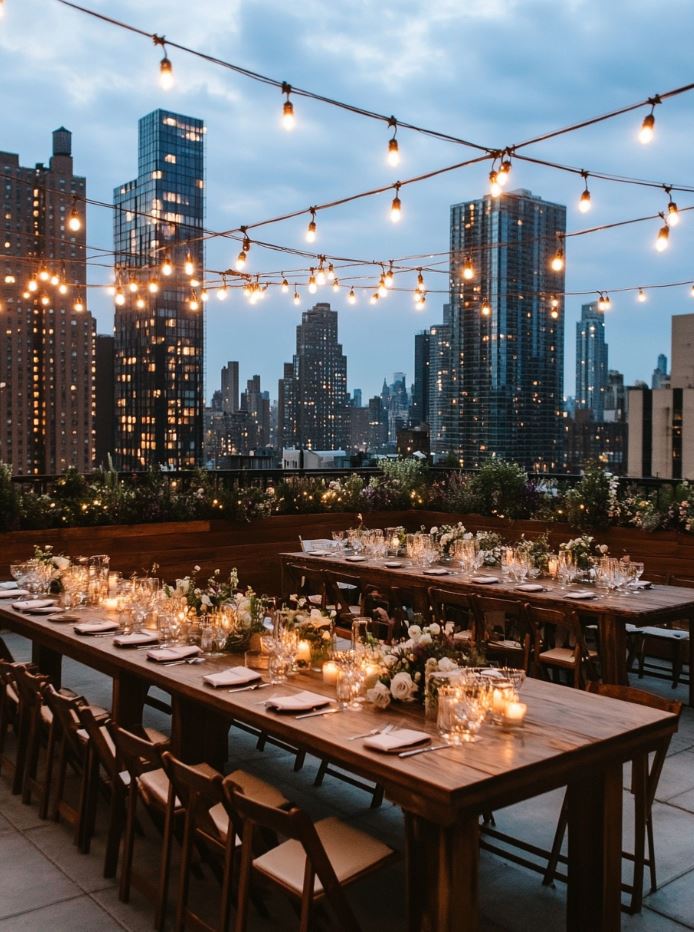 Urban rooftop wedding with stunning city skyline views, string lights, and wooden tables creating a chic atmosphere.