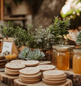 Rustic wedding favors like wooden coasters, succulents, and honey jars displayed on a nature-inspired table, reflecting elegance and gratitude.