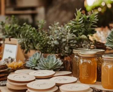 Rustic wedding favors like wooden coasters, succulents, and honey jars displayed on a nature-inspired table, reflecting elegance and gratitude.