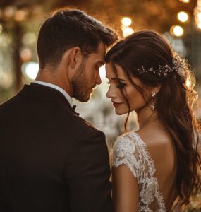 A bride and groom in a rustic wedding setting, surrounded by soft lighting, natural décor, and charming details that create a cozy and memorable atmosphere.