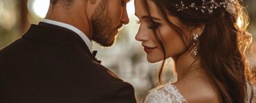 A bride and groom in a rustic wedding setting, surrounded by soft lighting, natural décor, and charming details that create a cozy and memorable atmosphere.