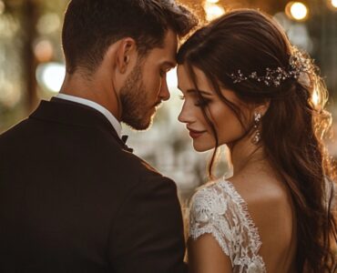 A bride and groom in a rustic wedding setting, surrounded by soft lighting, natural décor, and charming details that create a cozy and memorable atmosphere.