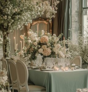 A romantic wedding scene with sage green elements, including decor, floral arrangements, and attire, creating a serene and harmonious atmosphere.