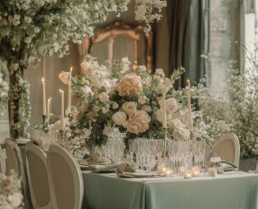 A romantic wedding scene with sage green elements, including decor, floral arrangements, and attire, creating a serene and harmonious atmosphere.