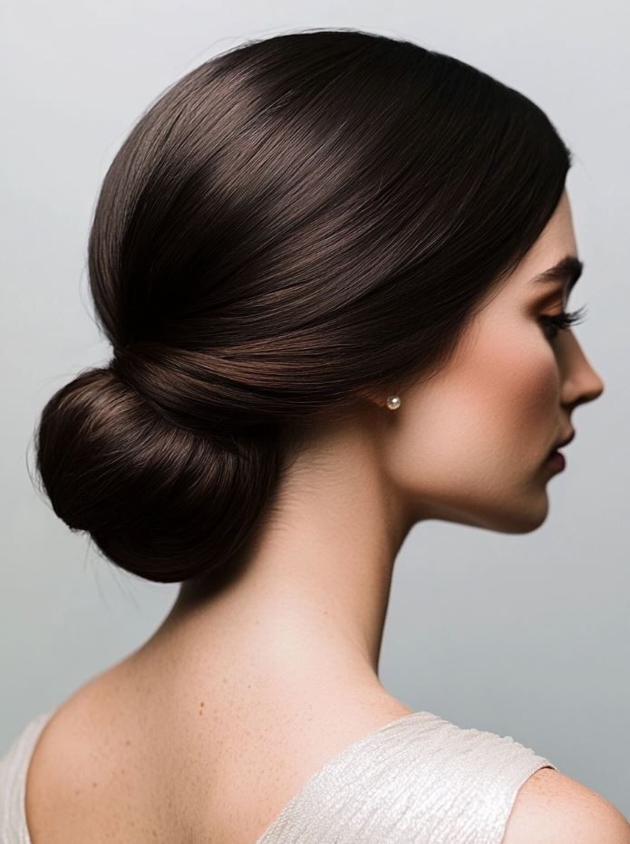 Bridesmaid with a sculpted low bun, sleek and polished, highlighting a sophisticated, smooth finish at the nape of the neck.