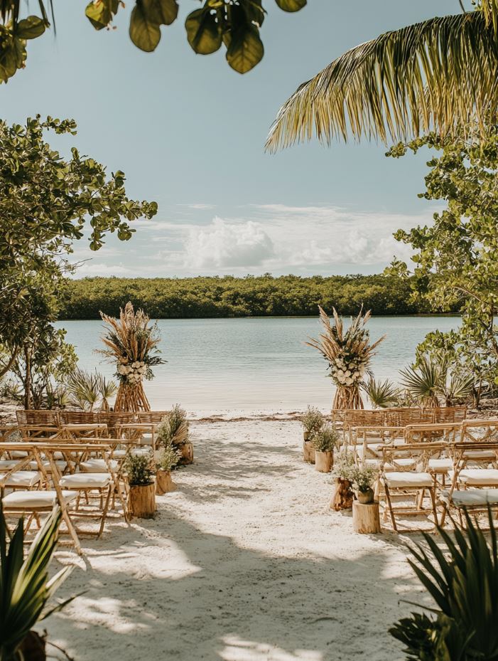 Private island wedding with crystal-clear waters, sandy beaches, and minimal driftwood decor for an intimate ceremony.