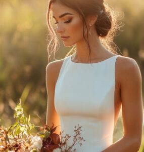 A bride wearing a sheath wedding dress with a sleek silhouette, showcasing elegance and comfort as she poses outdoors with natural lighting.