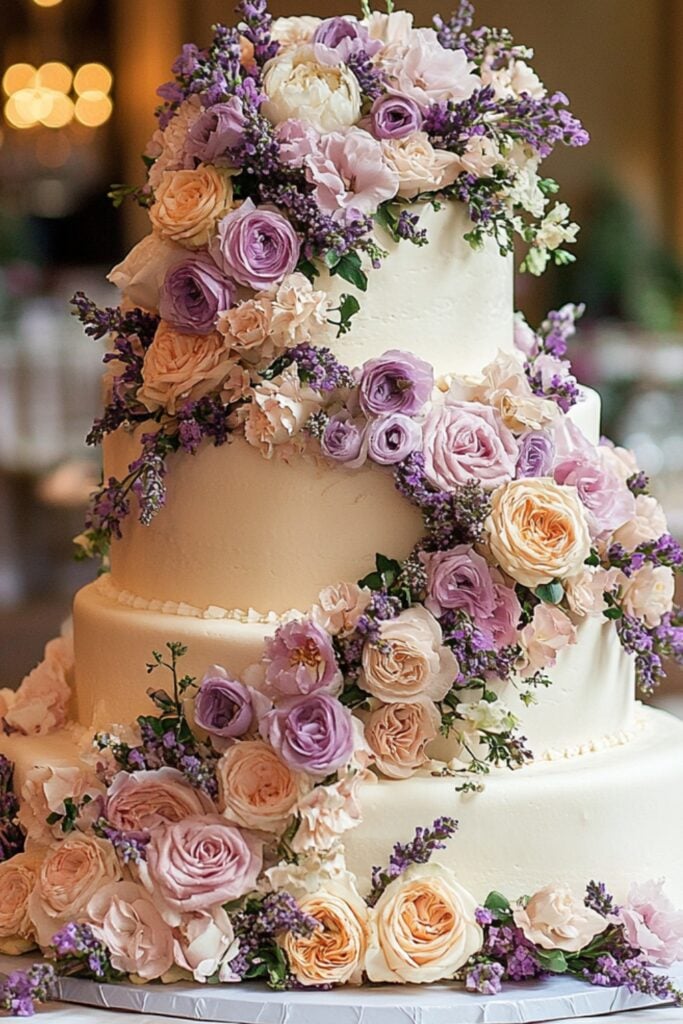 A multi-tiered wedding cake with each tier offering unique flavors, such as lavender honey and salted caramel, to delight guests.
