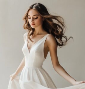 A stunning bride wearing a flowing silk wedding dress, showcasing the fabric's natural sheen and elegance, perfect for timeless and luxurious bridal looks.