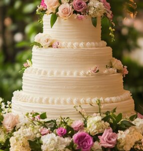 An elegant wedding cake surrounded by flowers, symbolizing simplicity and timeless charm as a centerpiece for any celebration.
