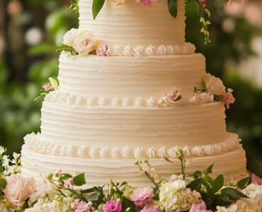 An elegant wedding cake surrounded by flowers, symbolizing simplicity and timeless charm as a centerpiece for any celebration.