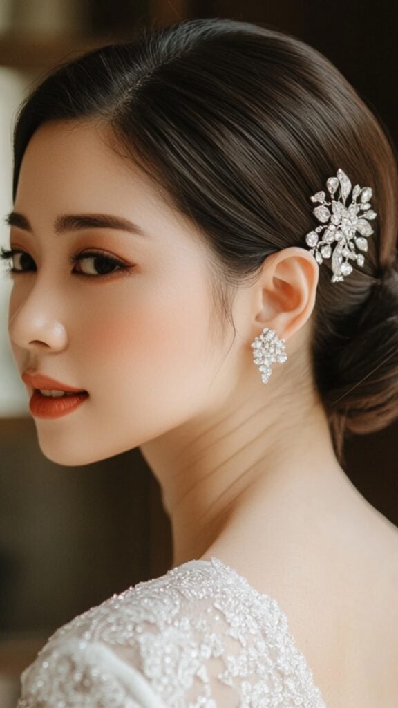 A bride with a sleek, center-part low bun, minimal yet elegant. Her modern look is accentuated by a jeweled comb and bold, dramatic makeup.