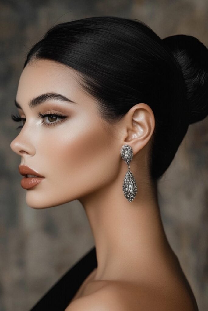 Image of a bridesmaid with a sleek high bun at the crown of the head, hair smoothed back with a glossy finish, paired with bold earrings.