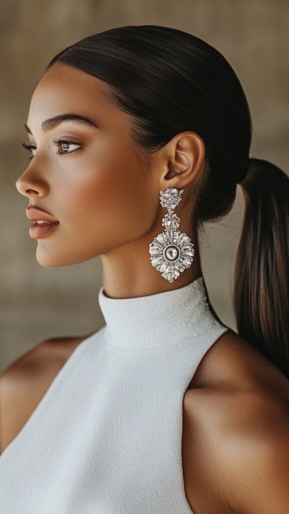 A modern bride with a high ponytail, smooth and sleek, with cascading waves. She wears bold statement earrings and a contemporary wedding dress with a high neckline.
