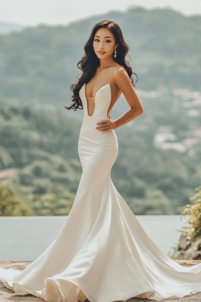 A bride wearing a form-fitting mermaid wedding dress with a flared hem, posing against a scenic backdrop, highlighting the dress's curves and luxurious satin material.