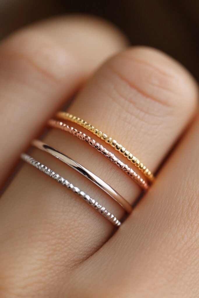 Set of delicate stacking wedding bands in gold, silver, and rose gold, worn together on a hand to create a layered look.