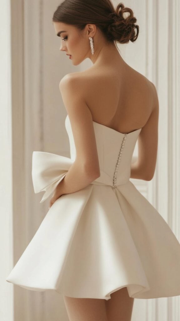 Strapless midi wedding dress with a sweetheart neckline and a large bow detail at the back, styled with a statement clutch and elegant heels.