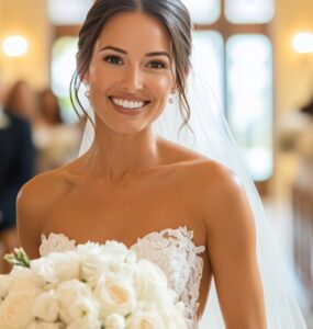 A bride confidently walking down the aisle in a strapless wedding dress, reflecting her personal style and celebrating her special day with elegance.