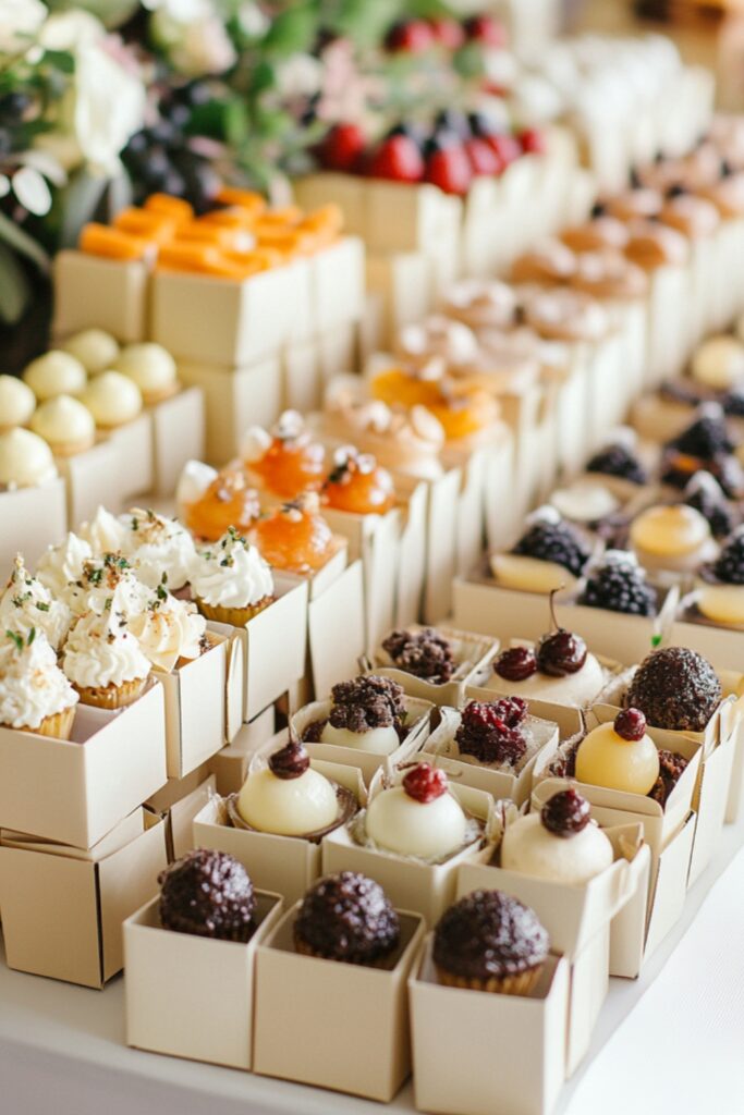 Personalized favor boxes filled with mini desserts, neatly arranged on a wedding cake table for guests to take home.