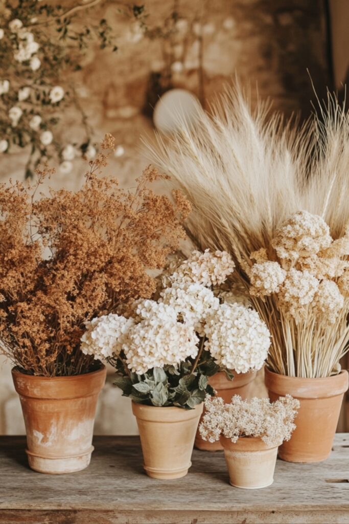 Terracotta pots filled with dried hydrangeas, wheat stalks, billy buttons, and pampas grass, arranged on a rustic table with neutral-colored accents.