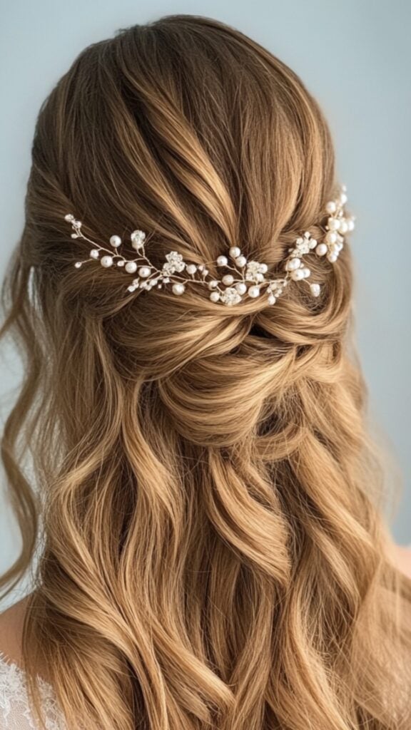 A bride wearing a half-up, half-down hairstyle with soft waves. Twisted sections create a crown effect, accessorized with pearl pins, blending elegance and natural beauty.