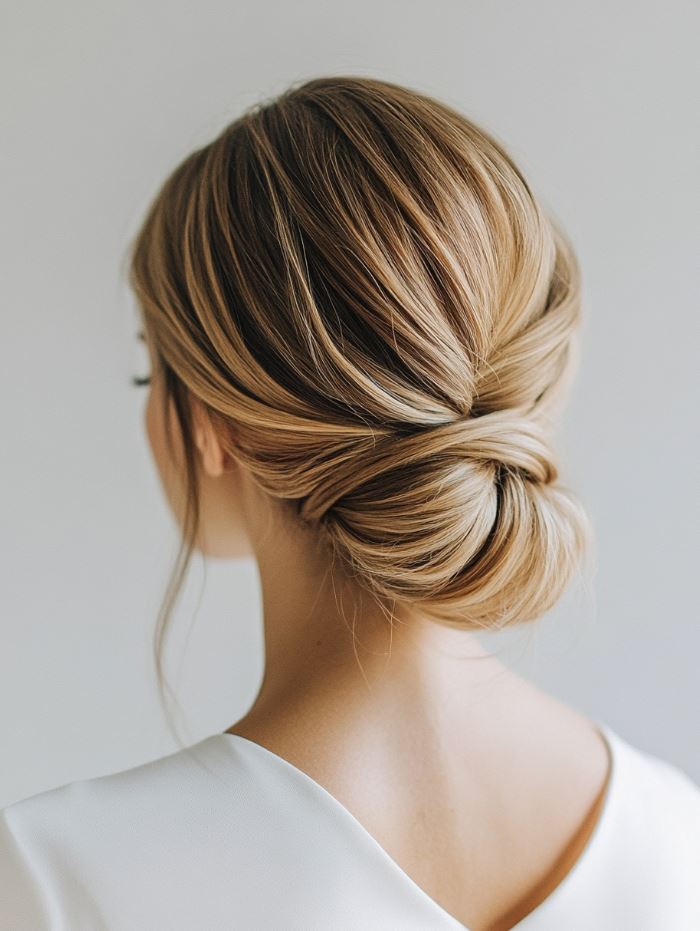 Bridesmaid with a textured low knot updo, featuring a relaxed, voluminous knot at the nape for a chic and effortless look.