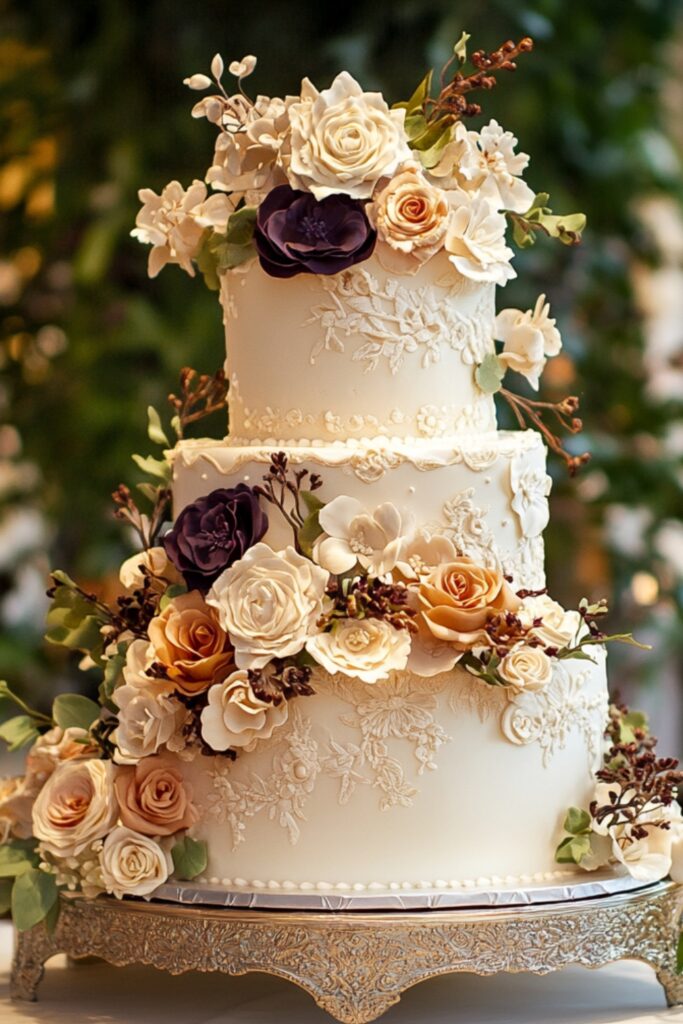 A multi-tiered wedding cake adorned with sugar flowers and fondant designs, displayed as the focal point on a beautifully decorated table.