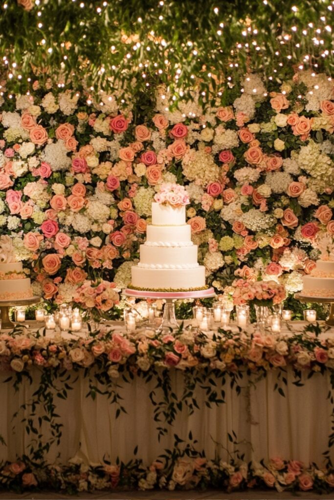A wedding cake table framed by a floral wall and string lights, creating a stunning and themed backdrop for photos.