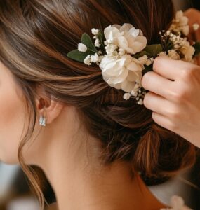 A bride sitting in front of a mirror, getting her hair styled by a professional hairstylist. Her hair is partially pinned up with floral accents, creating a romantic bridal look. The scene captures a joyful, anticipatory moment before her wedding.