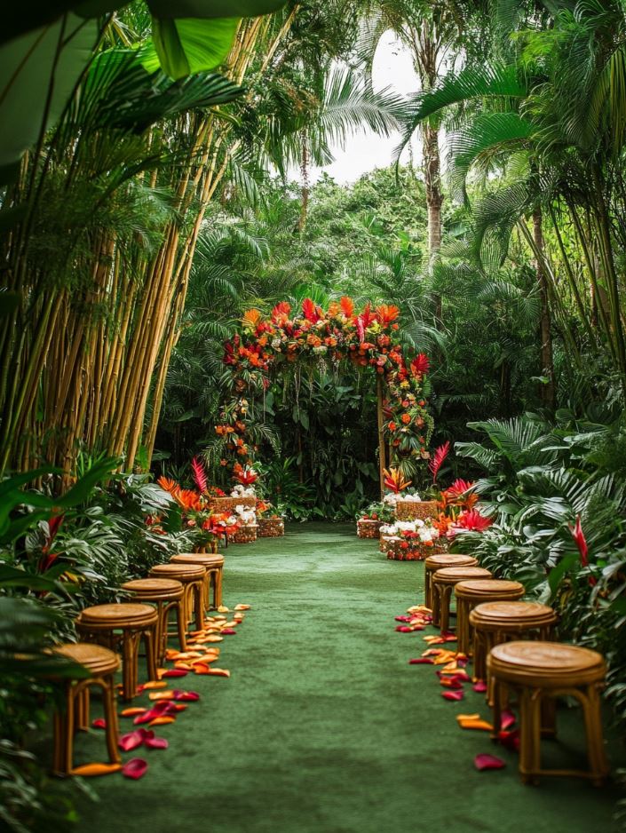 Vibrant tropical garden wedding with lush greenery, exotic flowers, and bamboo seating creating a serene and colorful setting.