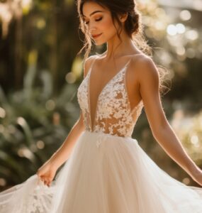 An elegant bride wearing a flowing tulle wedding dress, standing outdoors in a romantic garden setting with soft lighting and delicate floral decor.