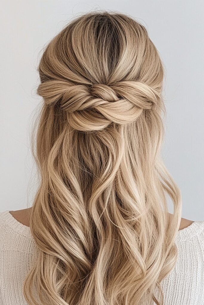 Image showing a twisted half-up, half-down style with the top section gathered into a soft bun and the lower section flowing in gentle curls.