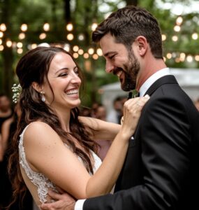 A happy couple celebrating their wedding surrounded by loved ones, cozy reception details, and a unique entertainment feature creating lasting memories for all guests.