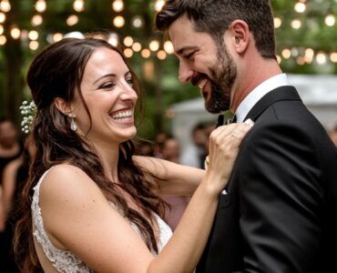 A happy couple celebrating their wedding surrounded by loved ones, cozy reception details, and a unique entertainment feature creating lasting memories for all guests.