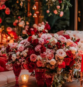 A romantic Valentine’s Day setup with soft pink and red décor, cozy lighting, and elegant floral arrangements, symbolizing love and connection.