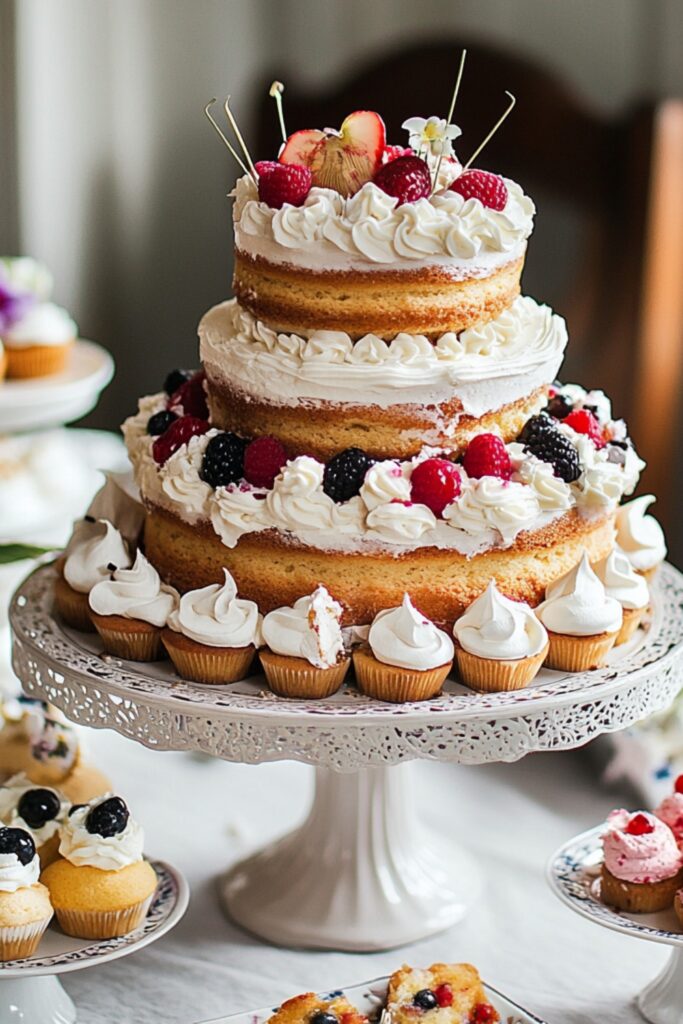 A vintage cake stand displaying a beautifully decorated cake, surrounded by smaller desserts on varying heights of stands.